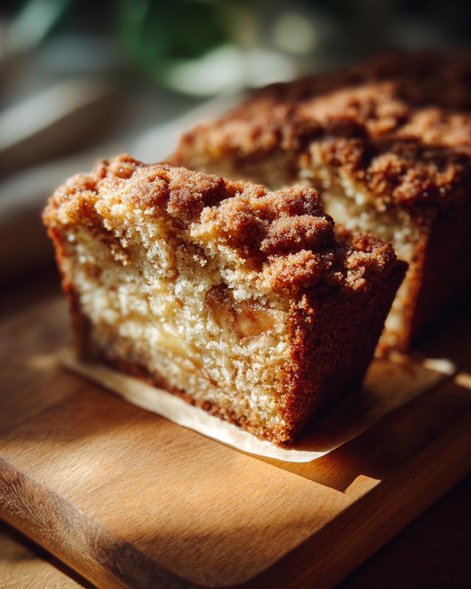 A close-up of a slice of moist apple crumb cake with a golden brown crumb topping on a wooden board.