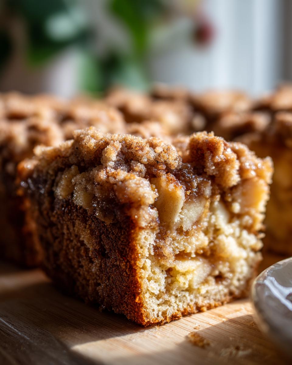 Close-up of a moist slice of apple crumb cake, showcasing chunks of apple and a cinnamon streusel topping.