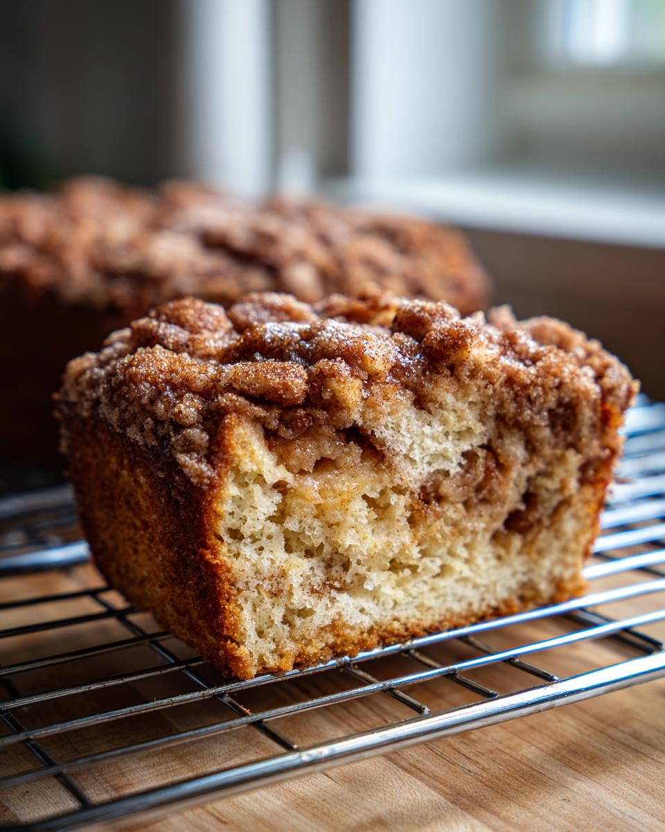 Close-up of a slice of delicious apple crumb cake with a cinnamon sugar topping, resting on a cooling rack.