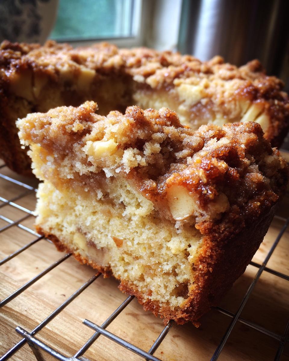 A close-up of a delicious slice of apple crumb cake on a wire cooling rack, showcasing the tender cake, apple chunks, and crumb topping.