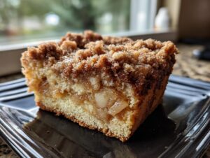 Close-up of a moist slice of apple crumb cake with a generous cinnamon streusel topping.