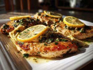 Close-up of Artichoke Chicken Piccata, featuring pan-seared chicken breasts topped with lemon slices, capers, and artichoke hearts.