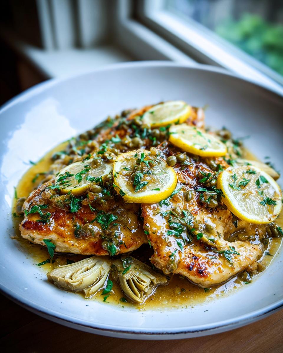 Close-up of Artichoke Chicken Piccata, featuring golden chicken breasts topped with lemon slices, capers, and parsley in a savory sauce.
