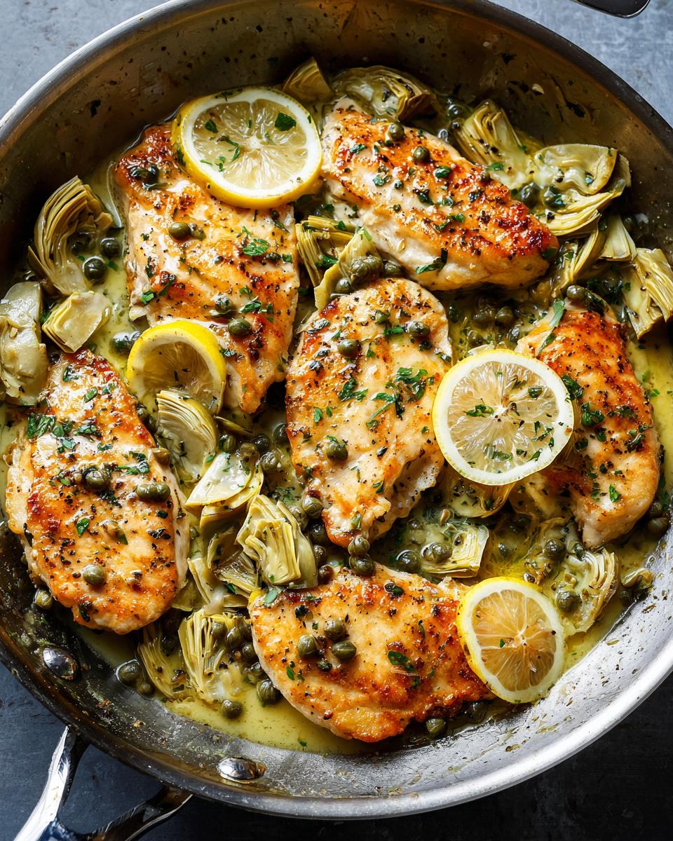 Close-up of Artichoke Chicken Piccata in a skillet, featuring golden chicken breasts, artichoke hearts, capers, and lemon slices.