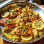 Golden brown chicken pieces with artichoke hearts and lemon slices in a buttery sauce, garnished with parsley.