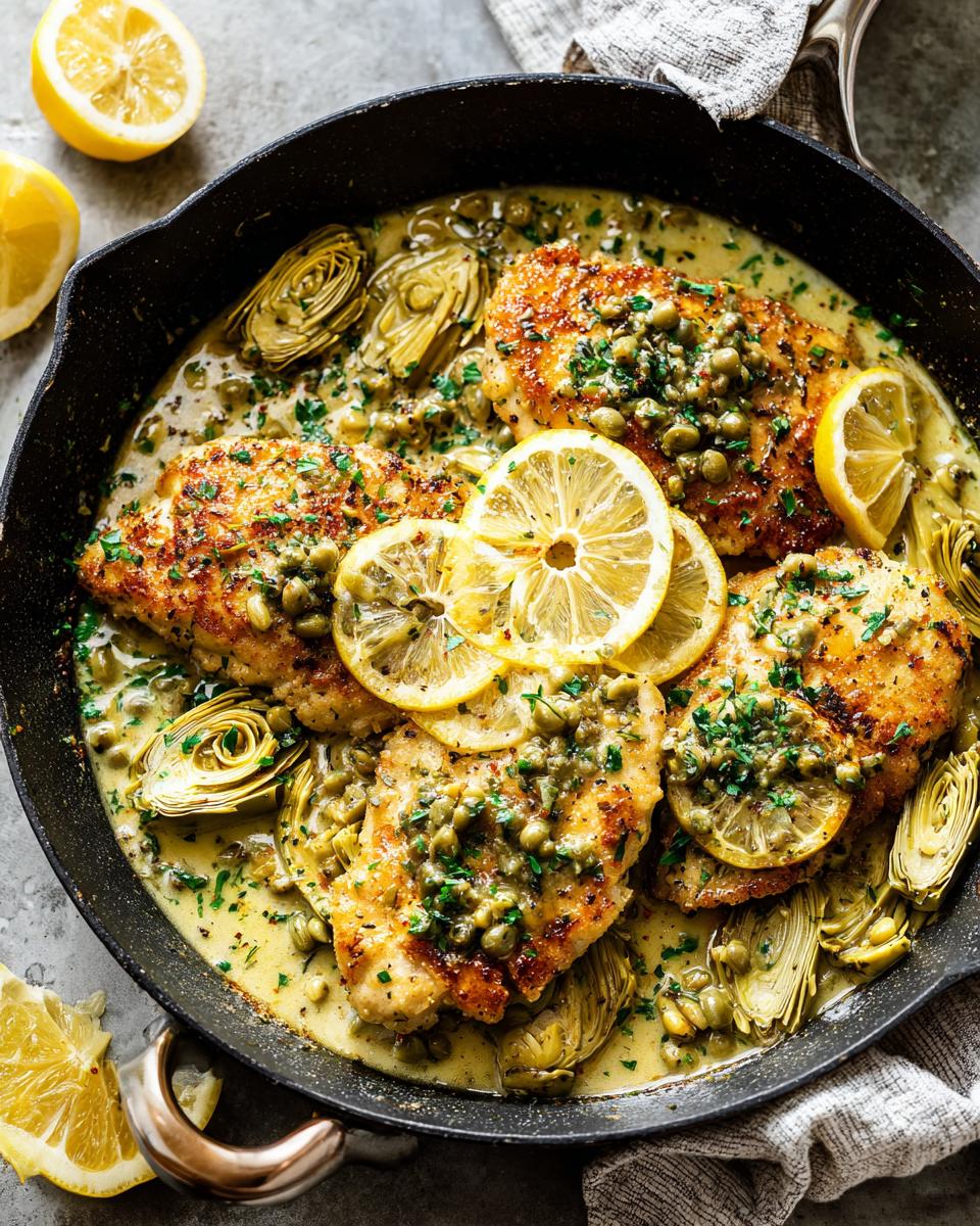A close-up of Artichoke Chicken Piccata in a cast-iron skillet, garnished with lemon slices and parsley.