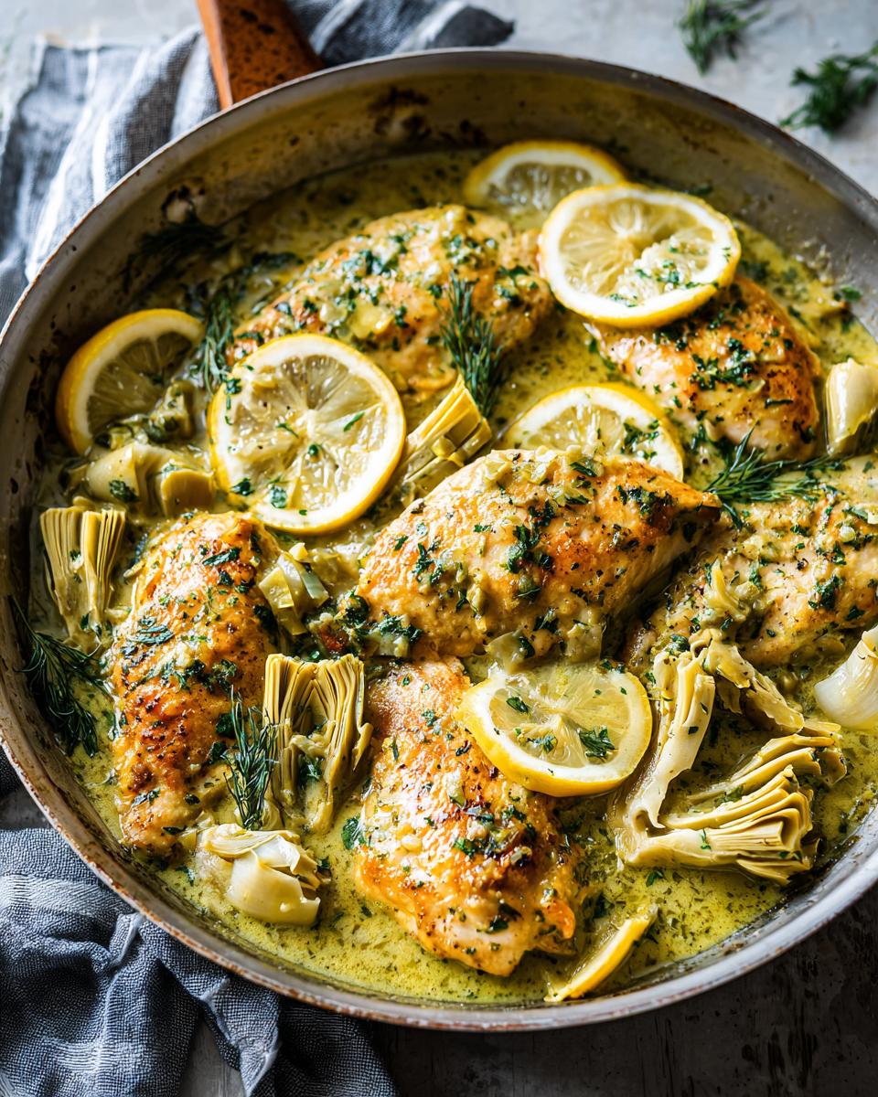 A close-up view of Artichoke Chicken Piccata cooked in a skillet with lemon slices and artichoke hearts.