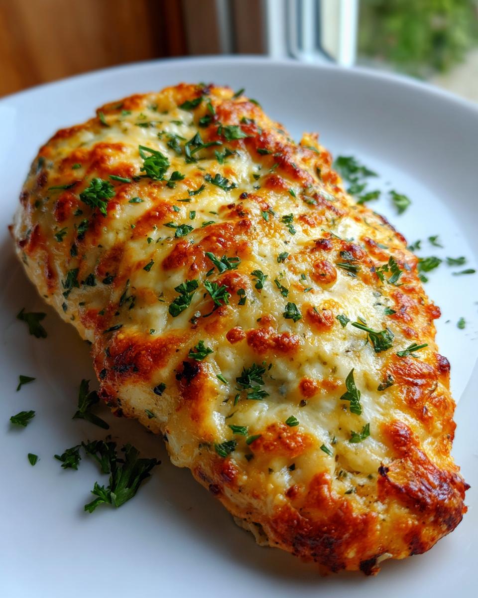 A close-up of a golden-brown Asiago chicken breast, topped with melted cheese and fresh parsley, served on a white plate.
