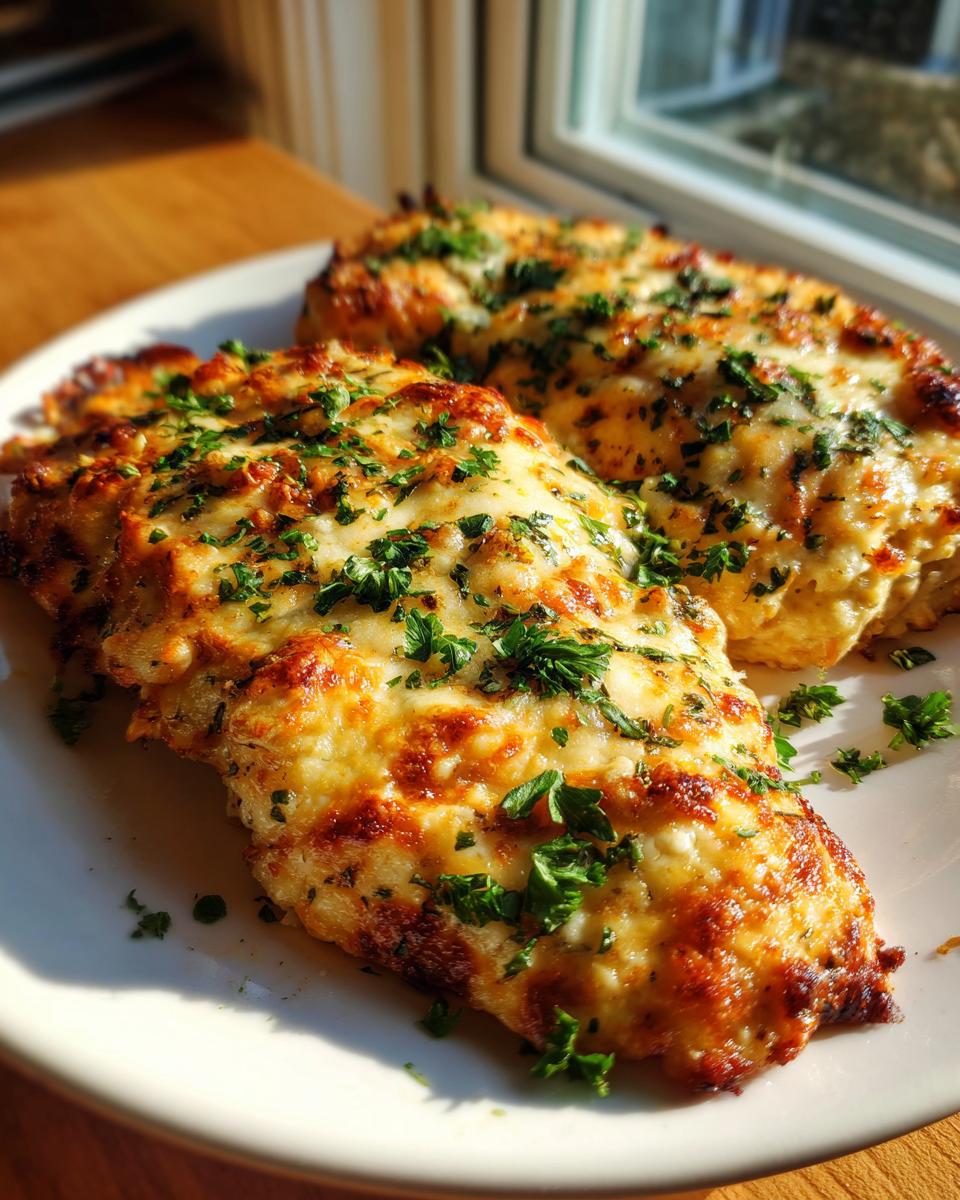 Two golden-brown baked Asiago chicken breasts topped with melted cheese and fresh parsley.