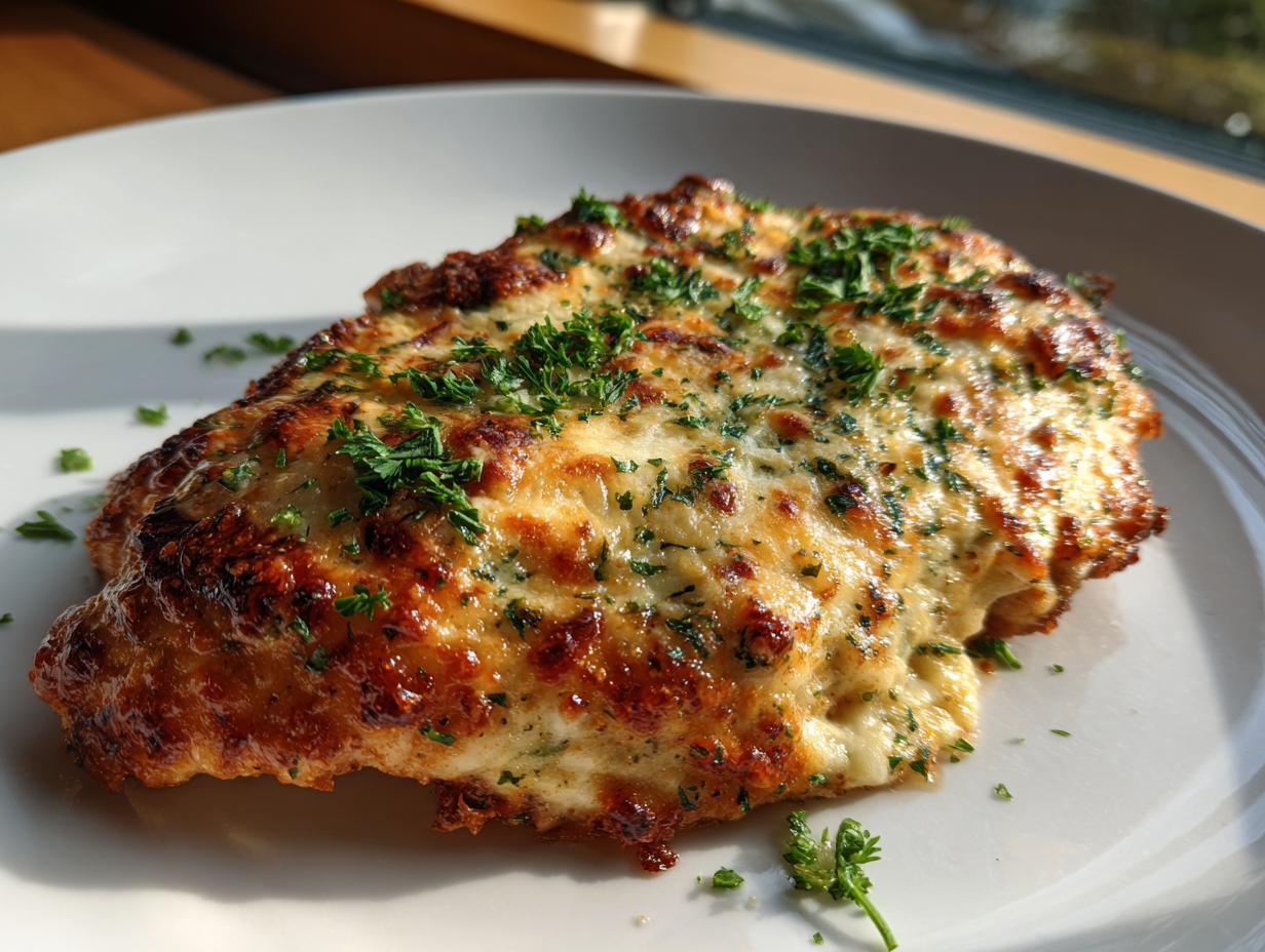 A close-up of a golden brown Asiago chicken breast, topped with melted cheese and fresh parsley, served on a white plate.