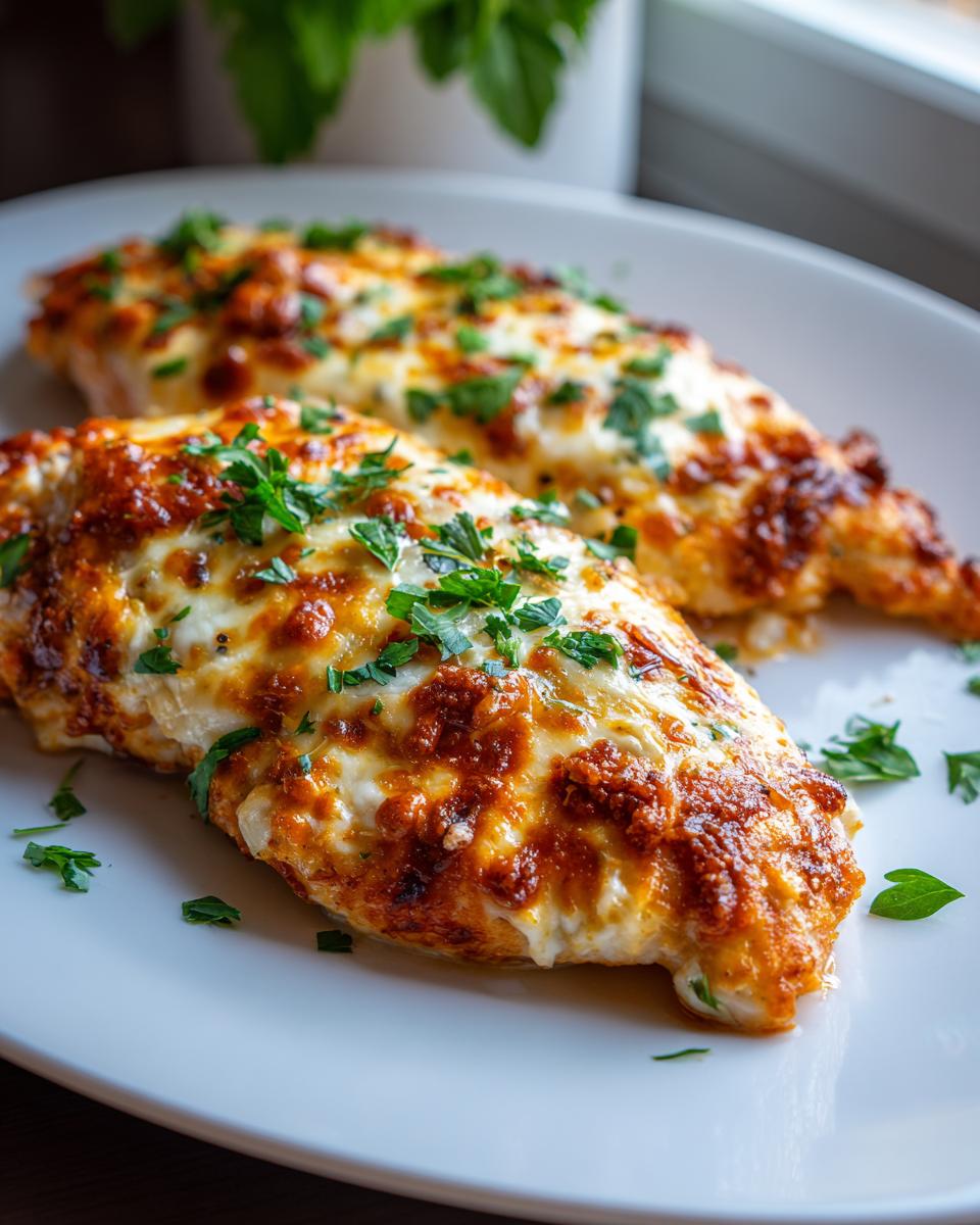 Two juicy Asiago chicken breasts topped with melted cheese and fresh parsley on a white plate.