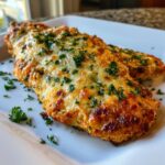 Close-up of two pieces of golden-brown Asiago chicken topped with melted cheese and fresh parsley.