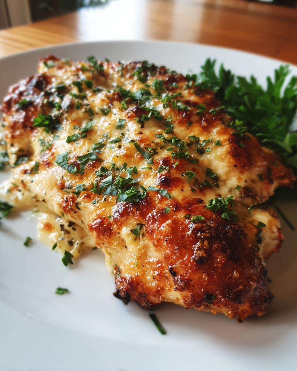 A close-up of golden-brown Asiago chicken breast topped with melted cheese and fresh parsley.