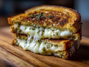 Close-up of a gooey avocado mozzarella grilled cheese sandwich with melted cheese stretching out.