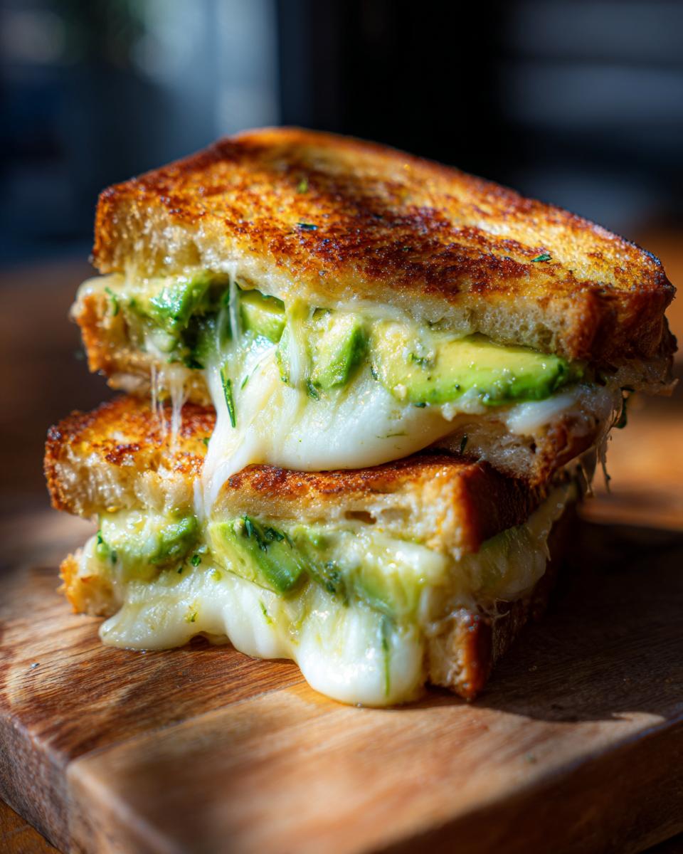 A delicious avocado mozzarella grilled cheese sandwich, oozing with melted cheese and fresh avocado slices.