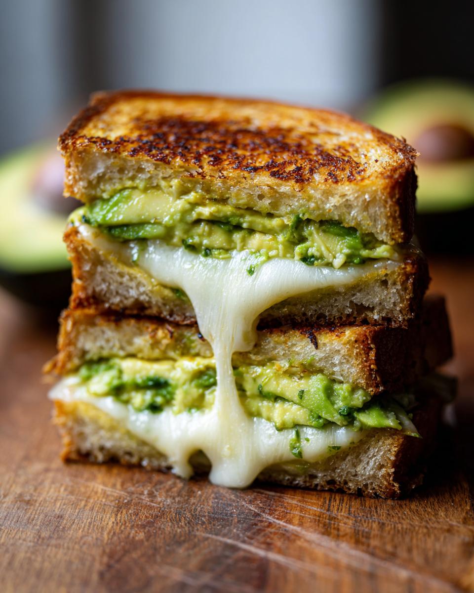 A stack of two halves of an avocado mozzarella grilled cheese sandwich, with melted cheese oozing out.