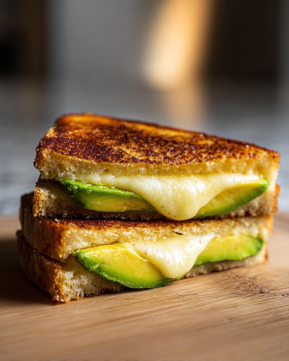 A stack of two halves of avocado mozzarella grilled cheese sandwiches, showing melted cheese and avocado slices.