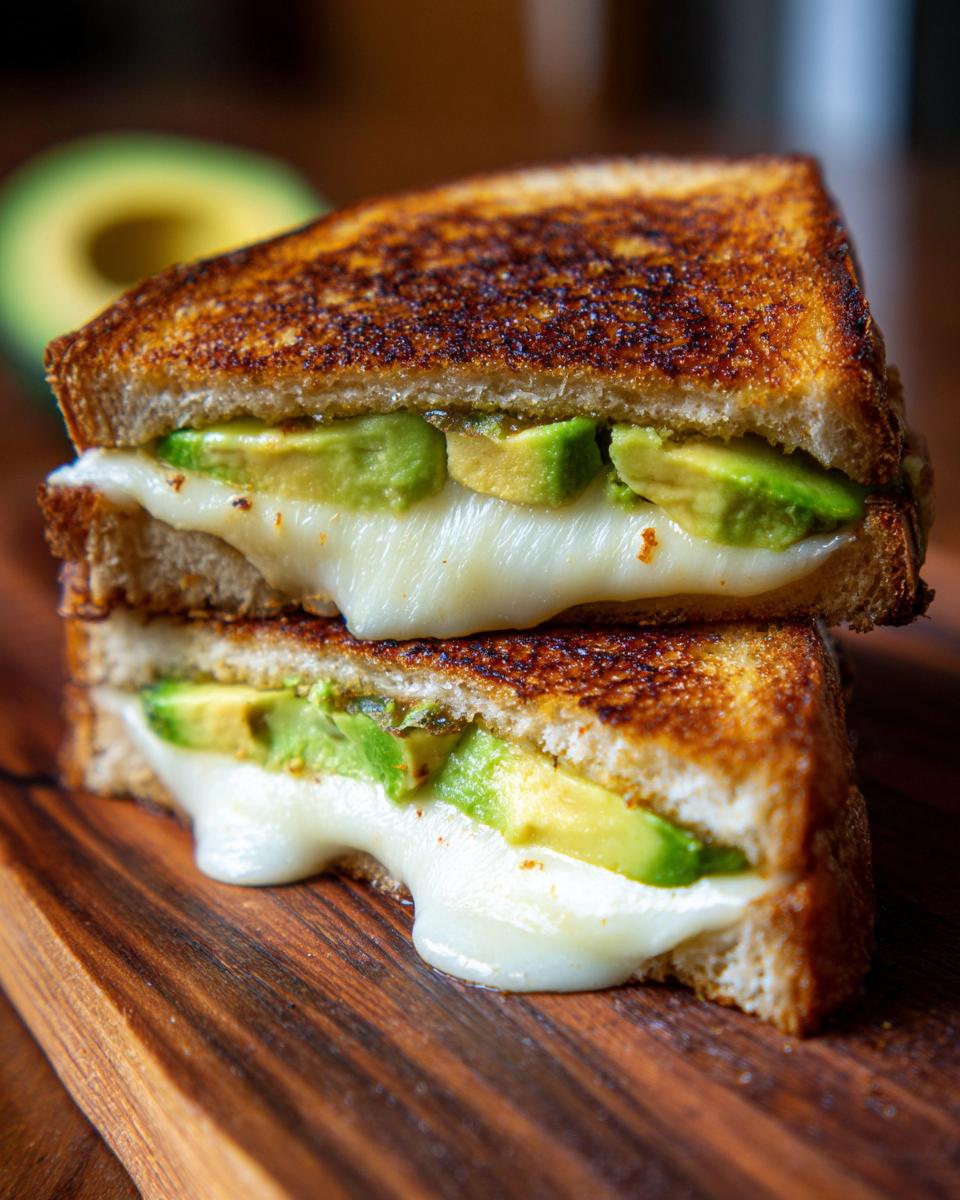 Close-up of a stacked avocado mozzarella grilled cheese sandwich with melted cheese oozing out.
