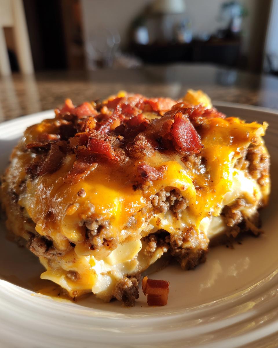 A delicious slice of Bacon Cheeseburger Lasagna, topped with melted cheese and crispy bacon.