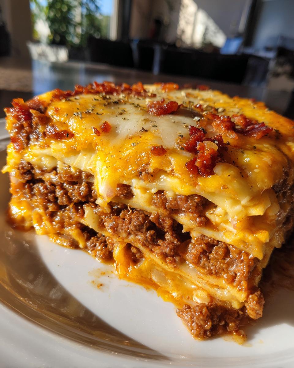 A generous slice of bacon cheeseburger lasagna on a white plate, showcasing layers of pasta, seasoned ground beef, and melted cheese with bacon bits.