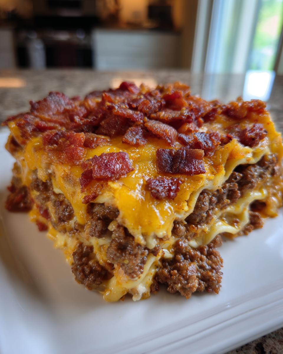 A delicious slice of bacon cheeseburger lasagna, layered with ground beef, cheese, and topped with crispy bacon.