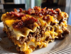 A generous slice of Bacon Cheeseburger Lasagna, showing layers of pasta, seasoned ground beef, melted cheese, and crispy bacon.