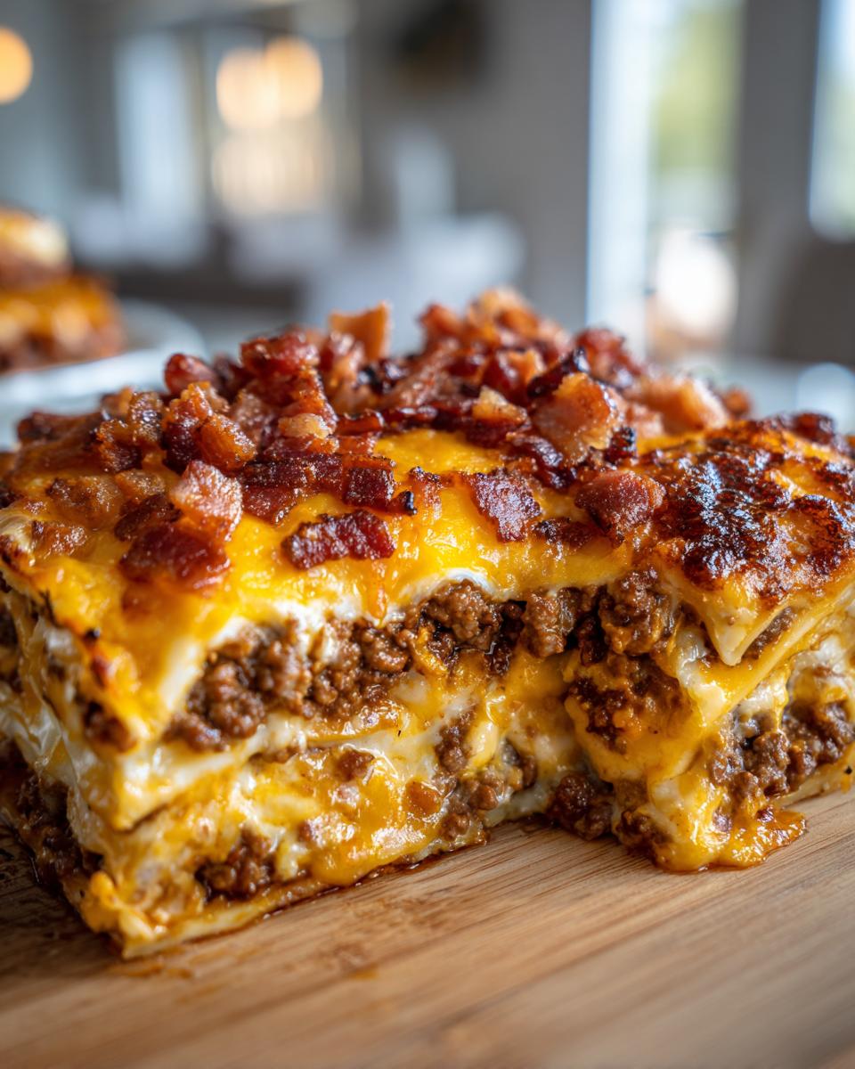 A close-up of a slice of Bacon Cheeseburger Lasagna, showcasing layers of ground beef, cheese, and crispy bacon.
