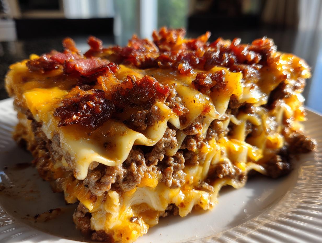 A generous slice of Bacon Cheeseburger Lasagna, showing layers of pasta, seasoned ground beef, melted cheese, and crispy bacon.