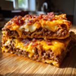 Two delicious slices of Bacon Cheeseburger Lasagna stacked on a wooden cutting board, topped with melted cheese and crispy bacon bits.