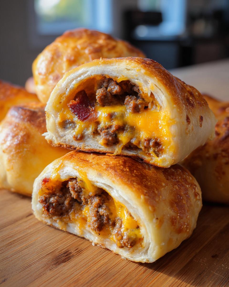 Close-up of a Bacon Cheeseburger Pizza Roll cut in half, revealing a cheesy and meaty interior.