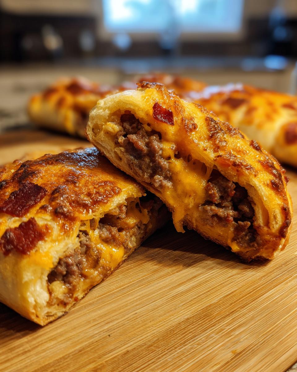 A close-up view of a sliced Bacon Cheeseburger Pizza Roll, revealing a gooey cheese and seasoned ground beef filling.