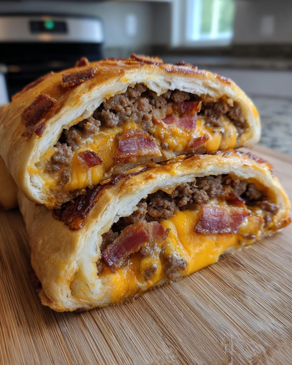 A close-up of two halves of a bacon cheeseburger pizza roll, showing the gooey cheese, seasoned ground beef, and crispy bacon inside.