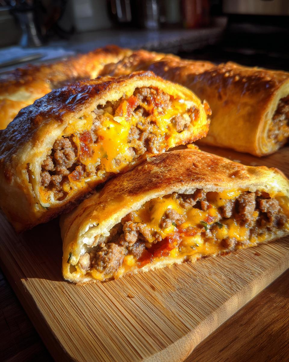 Close-up of a sliced Bacon Cheeseburger Pizza Roll showing a generous filling of seasoned ground beef, melted cheddar cheese, and tomato pieces.