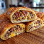 A close-up view of delicious Bacon Cheeseburger Pizza Rolls, cut in half to reveal the savory filling of ground beef, melted cheese, and bacon.