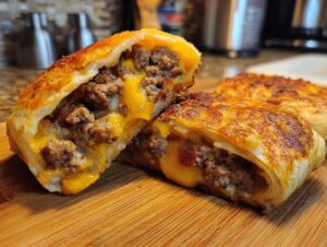 Close-up of a cut Bacon Cheeseburger Pizza Roll showing melted cheese and seasoned ground beef filling.