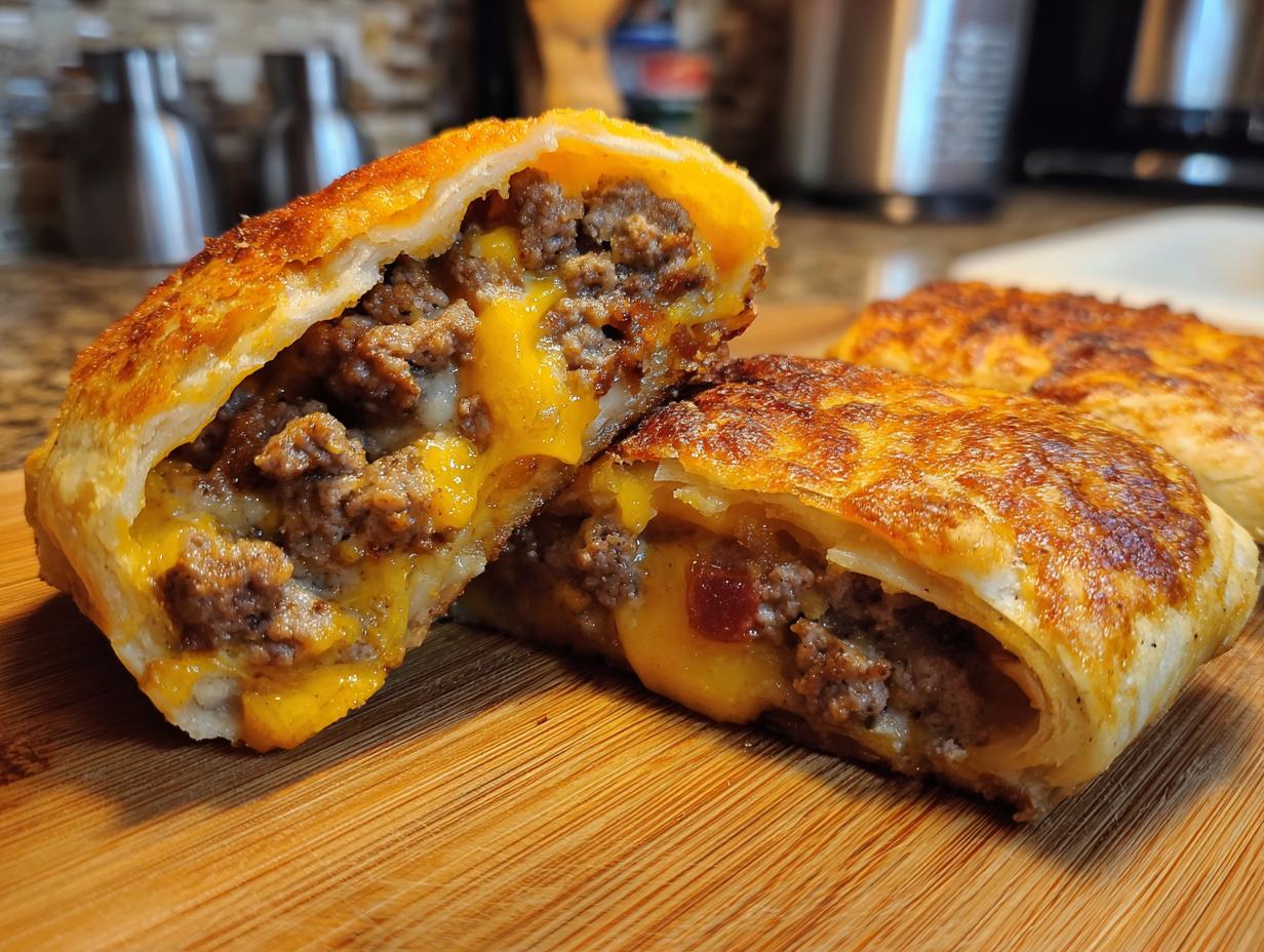 Close-up of a cut Bacon Cheeseburger Pizza Roll showing melted cheese and seasoned ground beef filling.