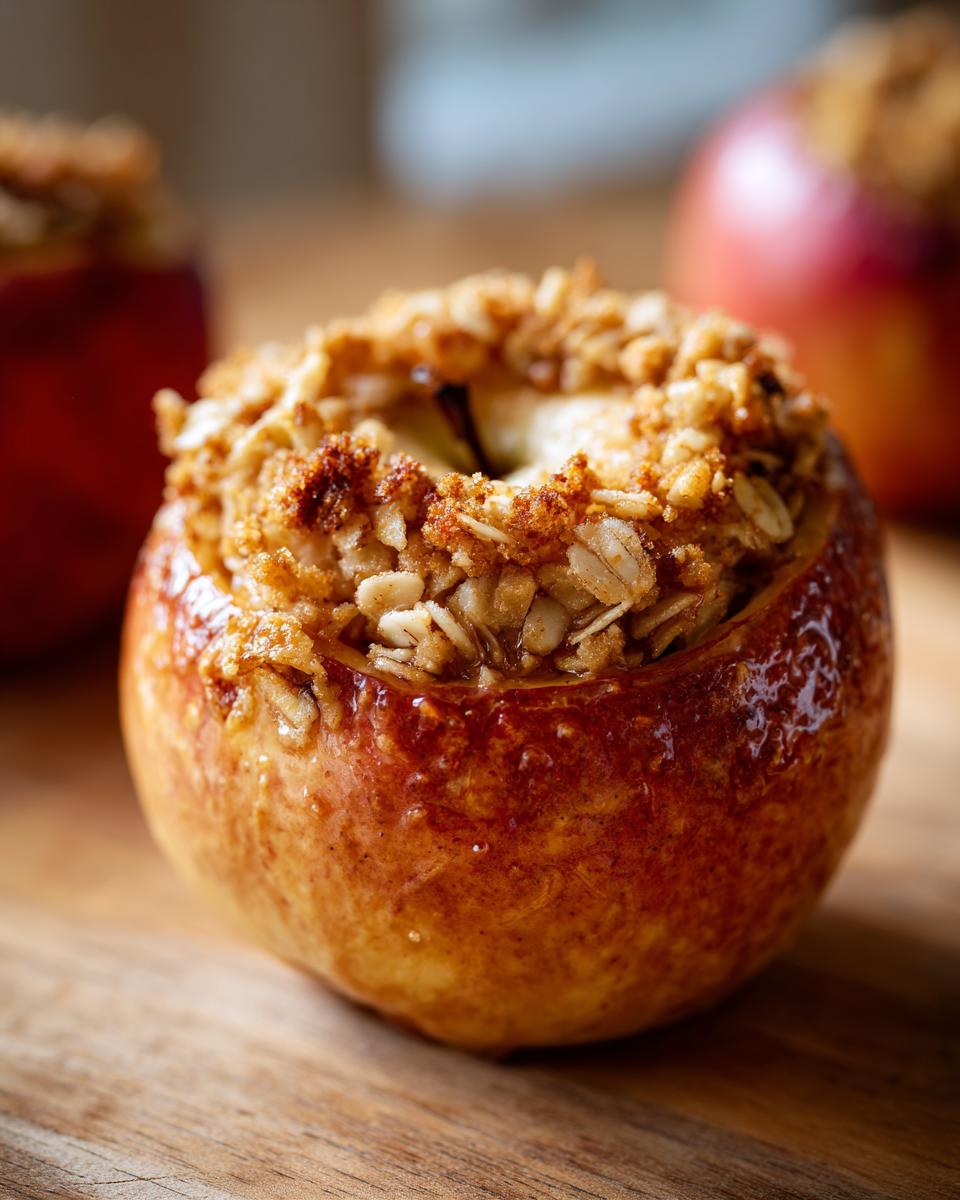 A close-up shot of a freshly baked apple filled with a golden brown oatmeal crumble topping.