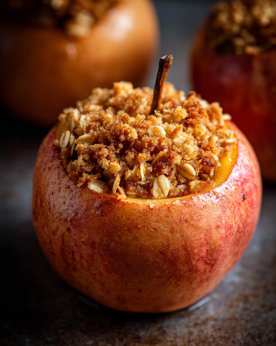 A close-up, beautifully lit photo of a single baked apple filled with a crunchy oat and cinnamon crumble topping.