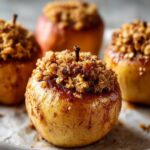Close-up of a perfectly cooked baked apple topped with a rich, brown sugar and oat crumble filling.