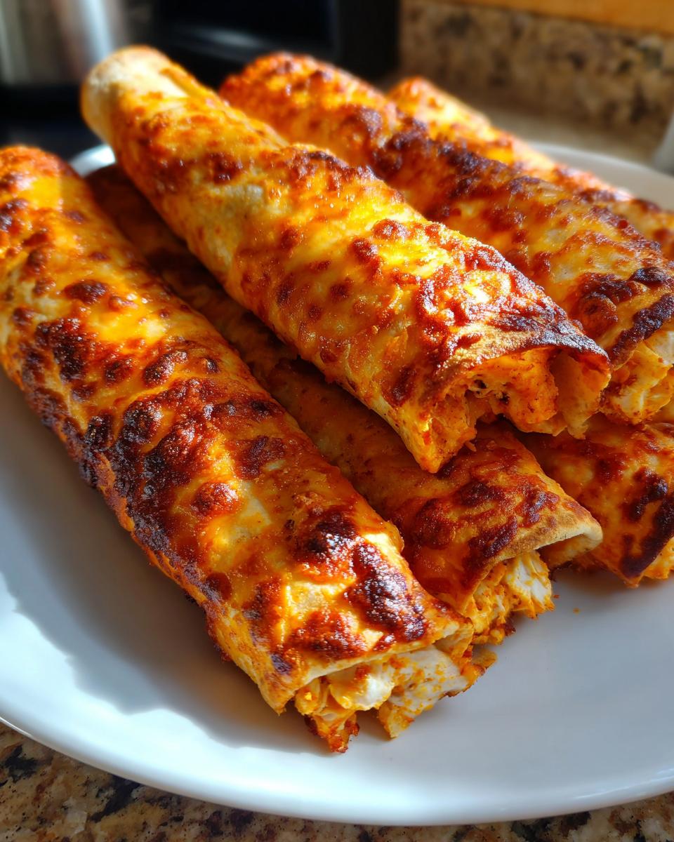 A close-up of several golden-brown baked chicken taquitos with melted cheese on a white plate.