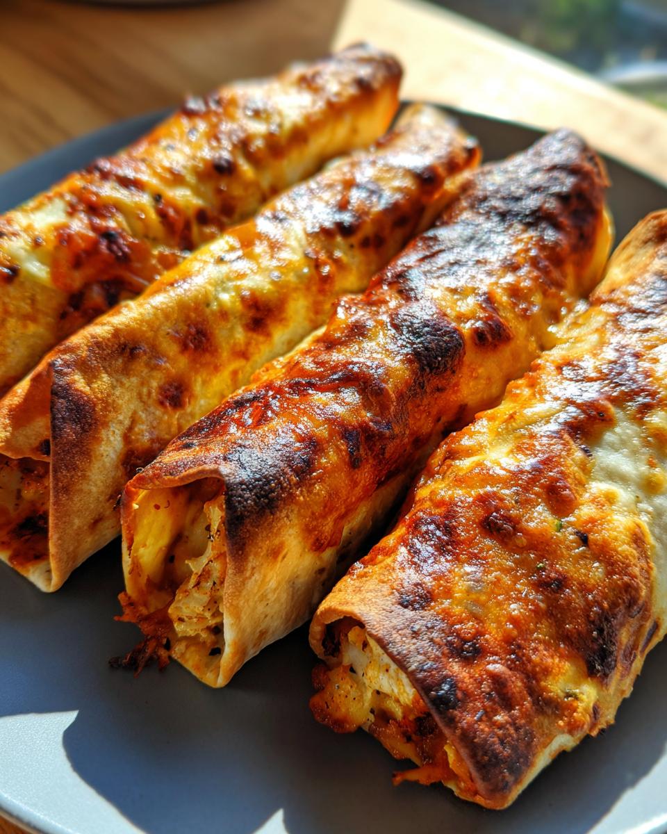 Close-up of four golden-brown baked chicken taquitos with melted cheese on a grey plate.