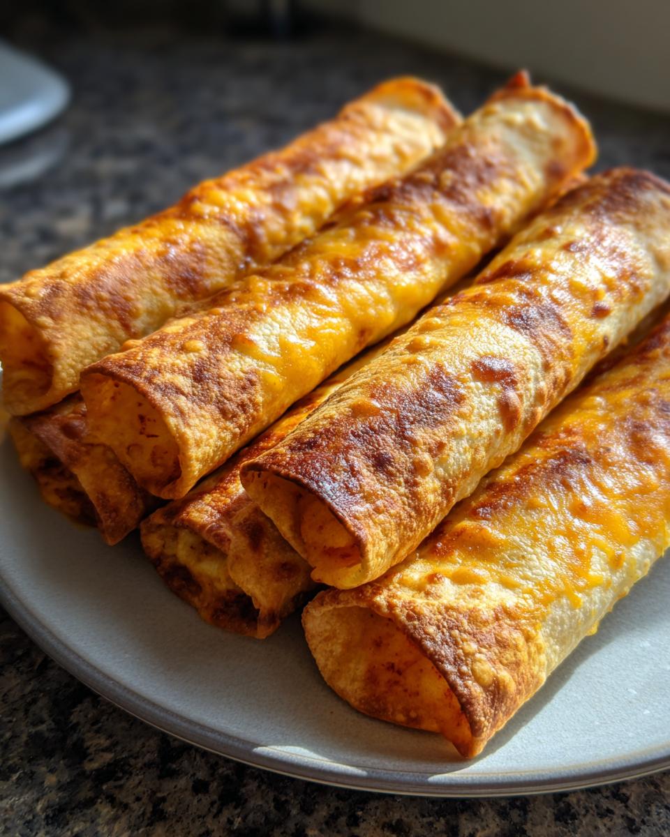 A close-up of a plate piled high with golden-brown baked chicken taquitos, topped with melted cheese.
