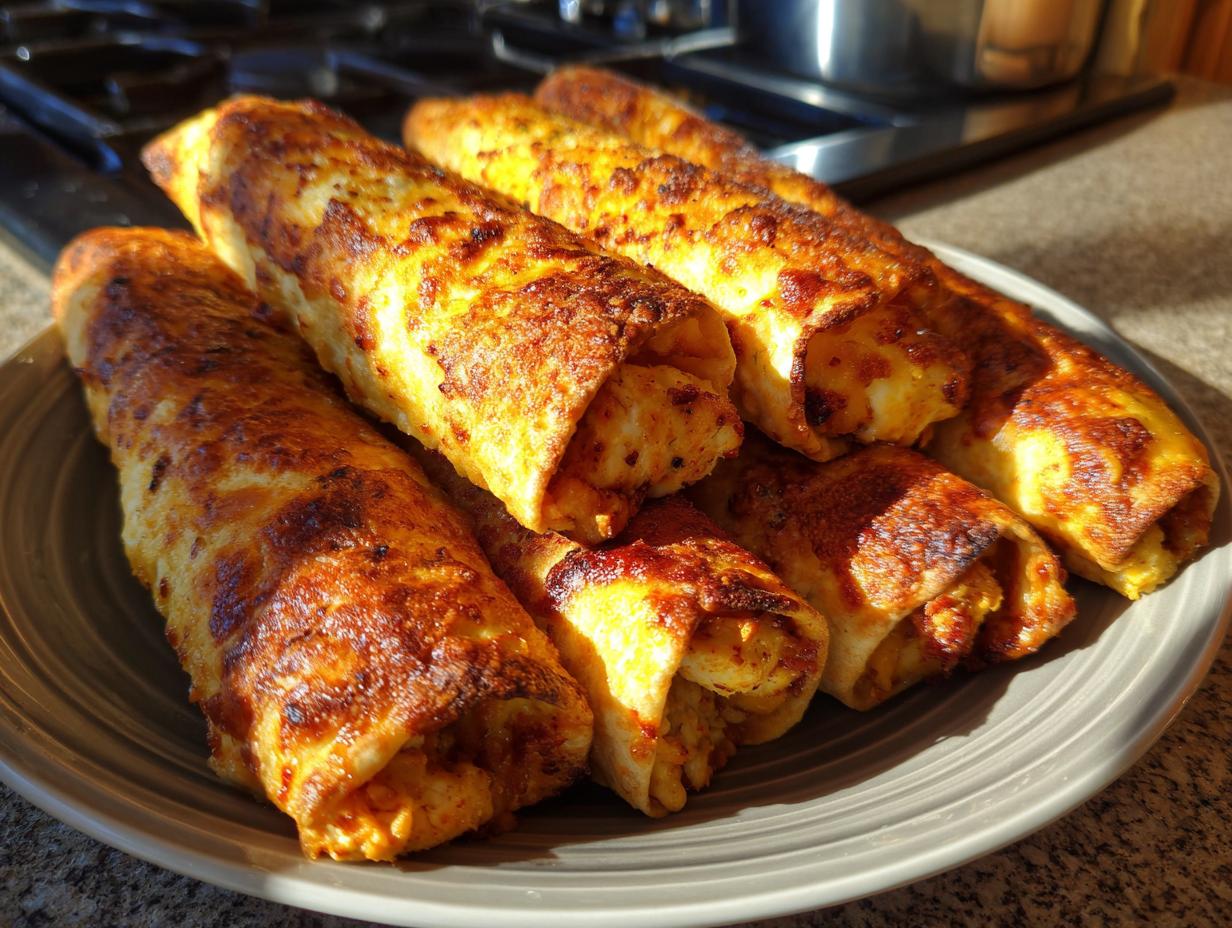 A close-up of golden-brown baked chicken taquitos arranged on a gray plate, ready to be served.