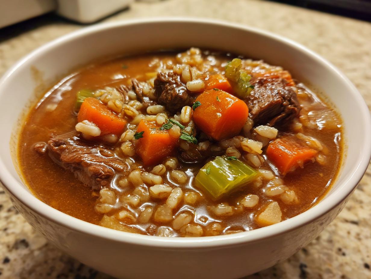 Close-up of a white bowl filled with rich beef barley soup, showing chunks of beef, carrots, celery, and barley.