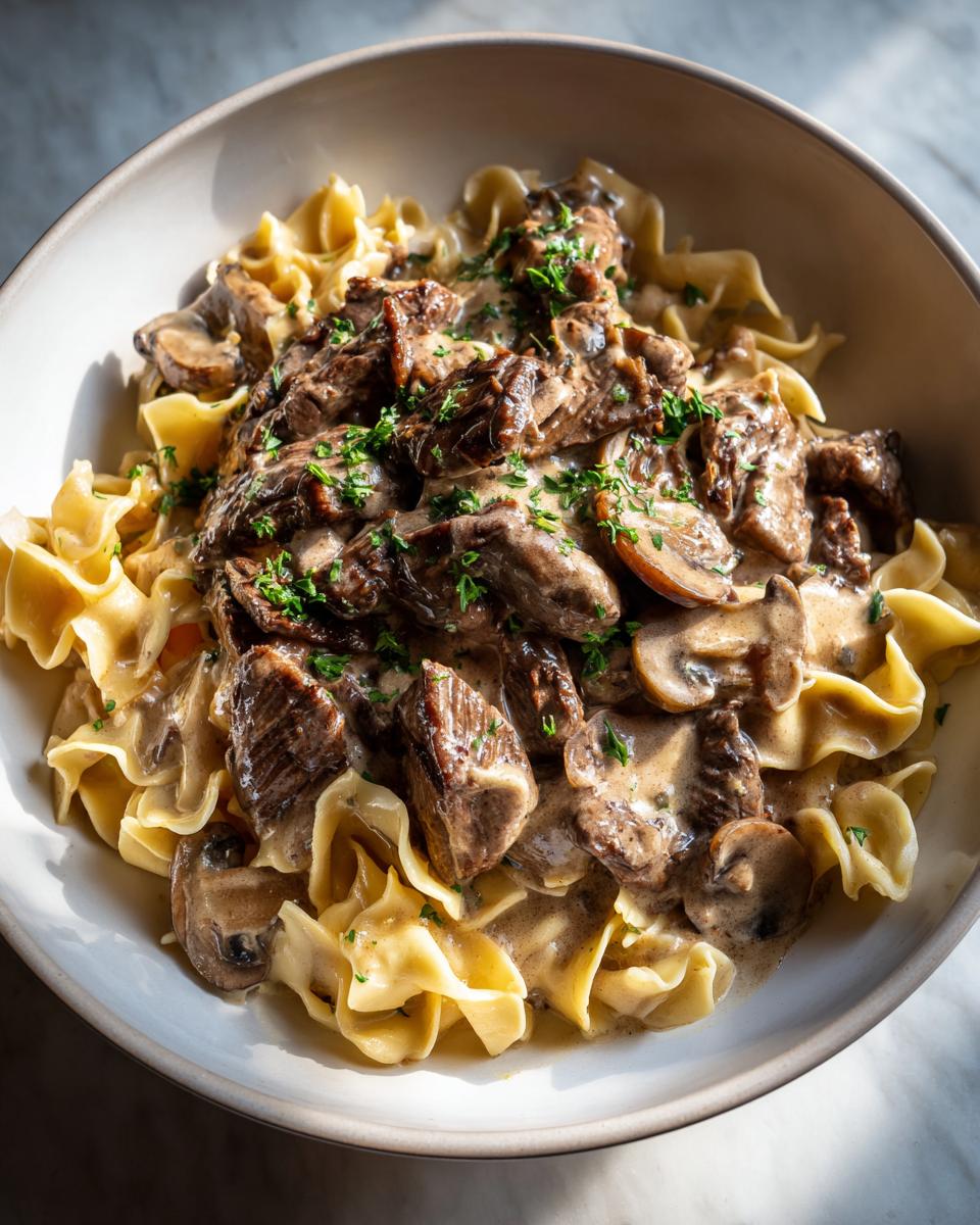 A close-up of creamy beef stroganoff for two served over wide egg noodles, garnished with fresh parsley.
