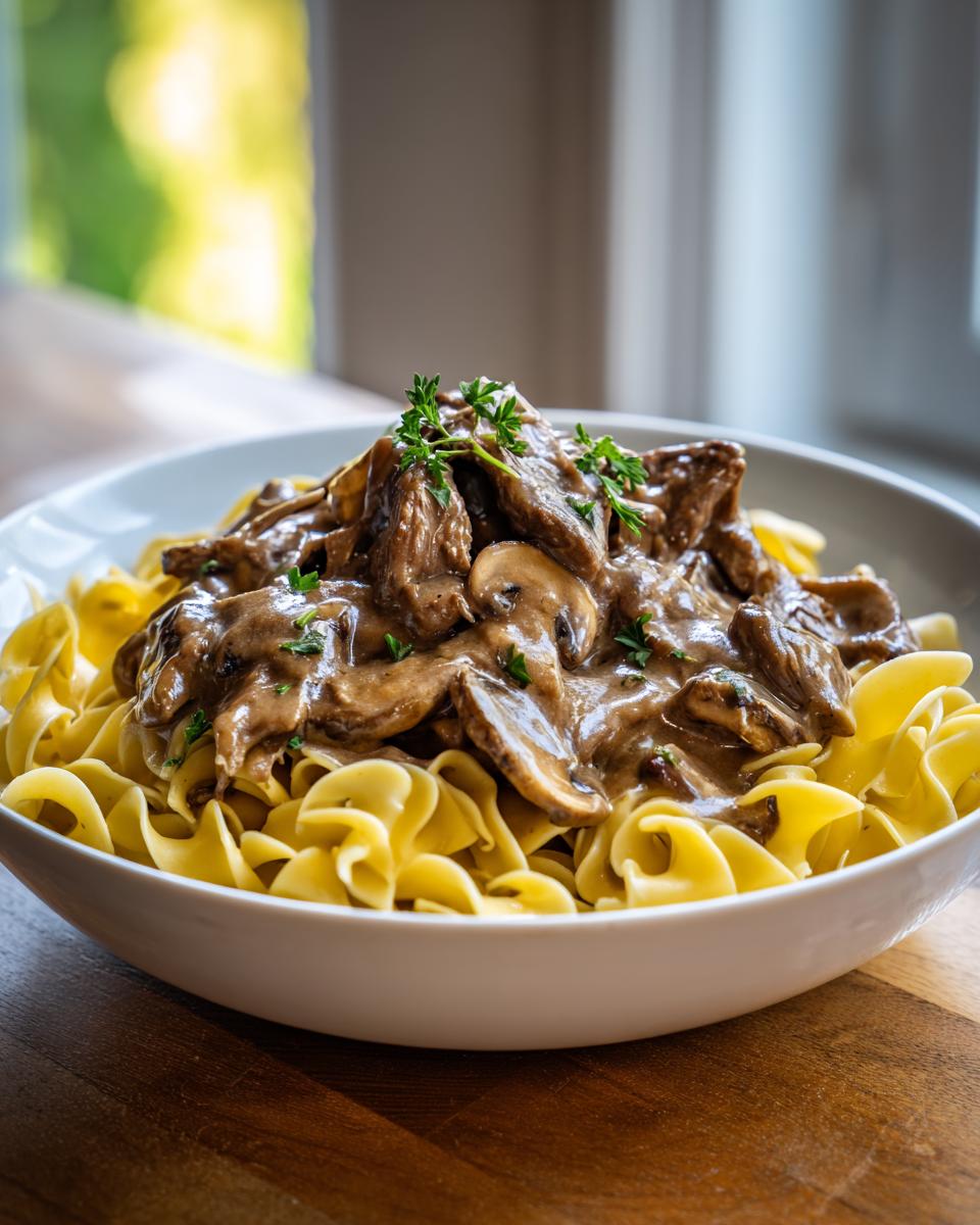 A white bowl filled with tender slices of beef stroganoff for two served over wide egg noodles, garnished with parsley.