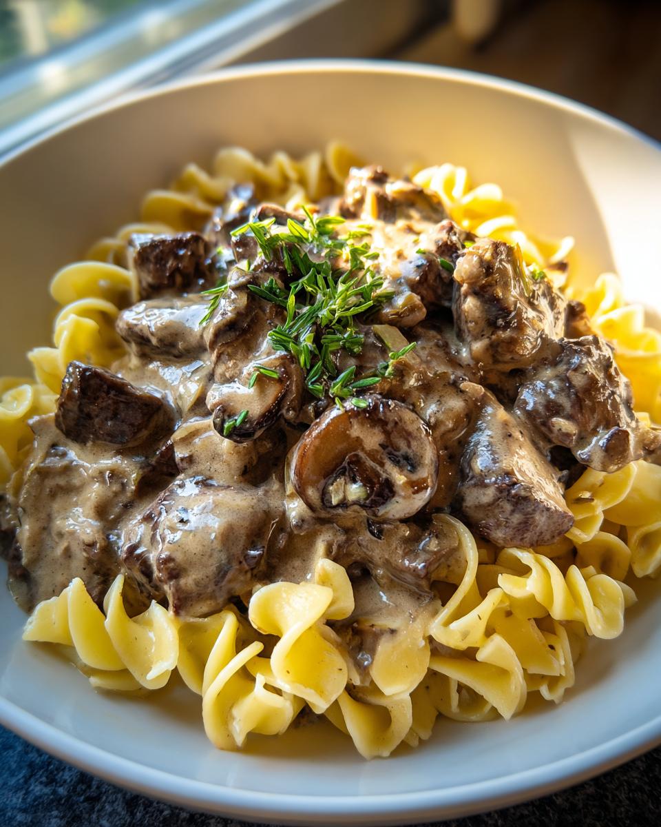 Close-up of rich beef stroganoff for two served over wide egg noodles and garnished with fresh chives.