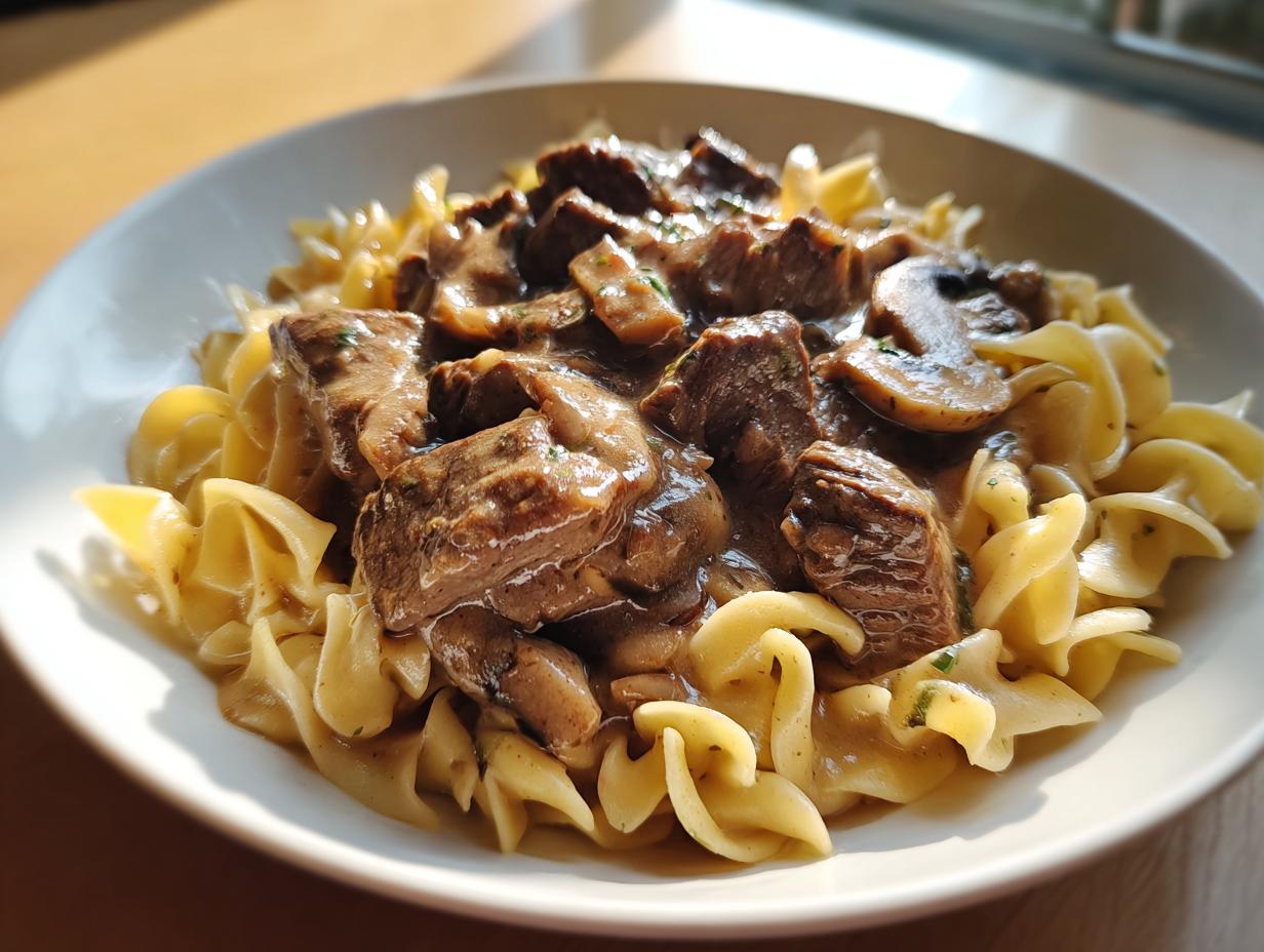 A close-up of rich beef stroganoff for two served over wide egg noodles in a white bowl.