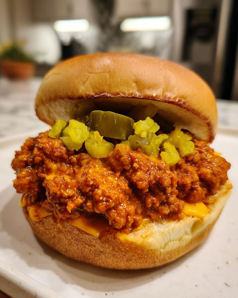 A close-up of a delicious big mac sloppy joes sandwich piled high with meat sauce, melted cheese, and chopped pickles.