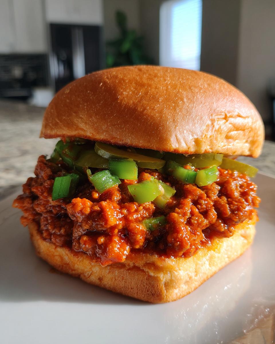 A close-up of a juicy big mac sloppy joes sandwich served open-faced on a toasted bun, topped with pickles and green peppers.